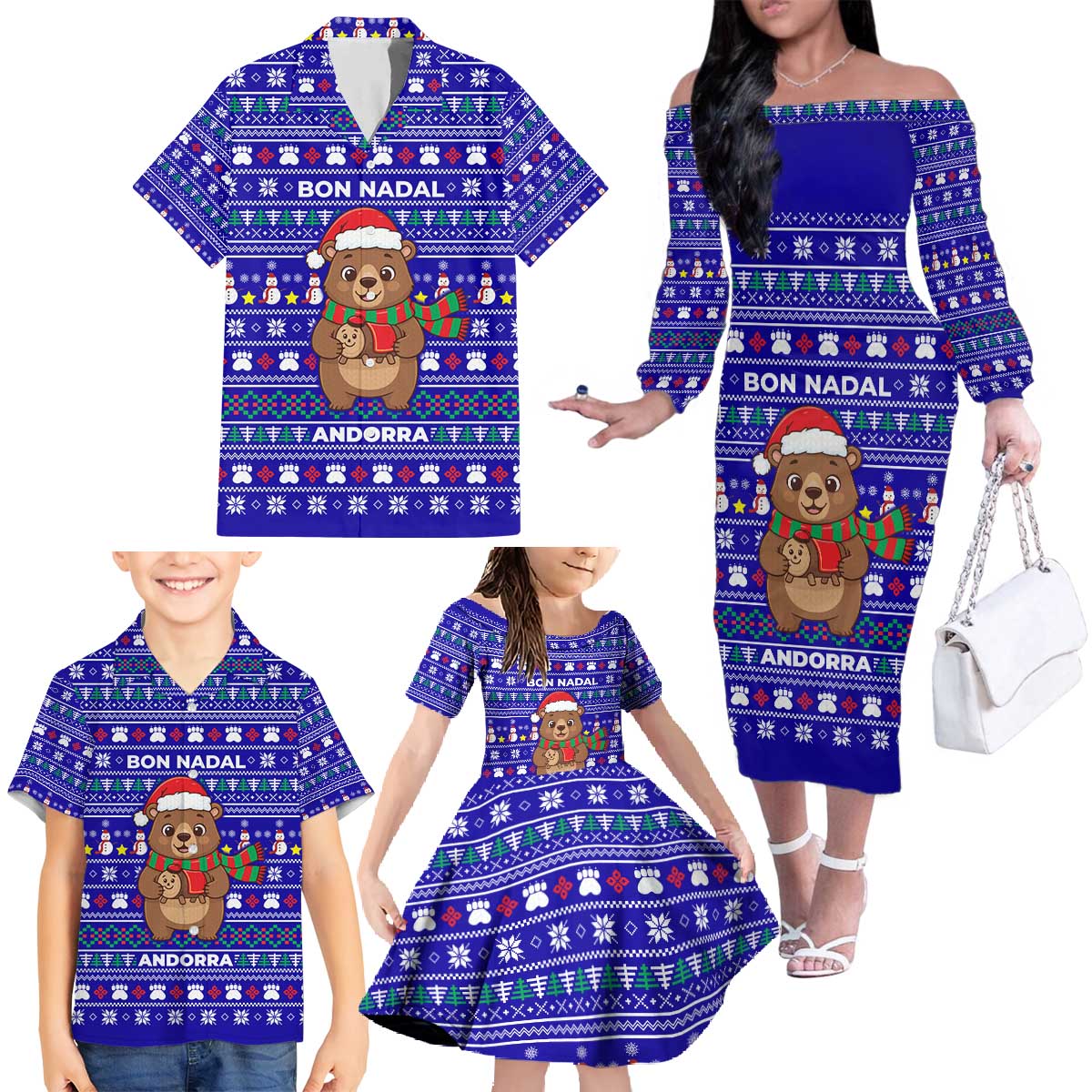 Bon Nadal Andorra Christmas Family Matching Off The Shoulder Long Sleeve Dress and Hawaiian Shirt Holiday Bear, Snowflakes, Paw Prints & Winter - Wonder Print Shop