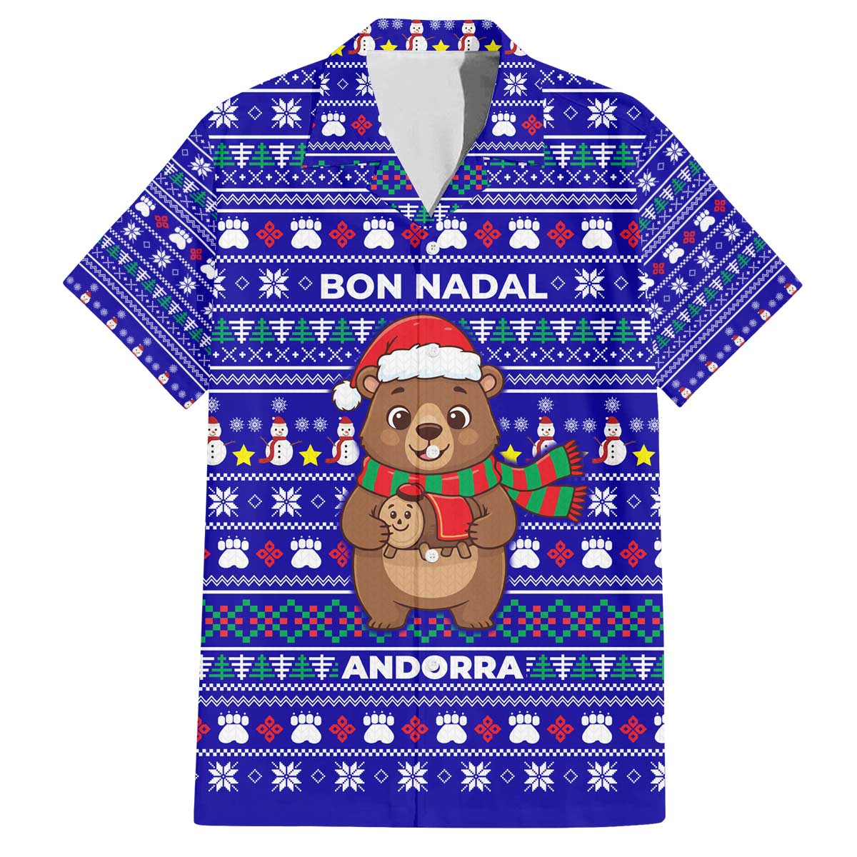 Bon Nadal Andorra Christmas Family Matching Off The Shoulder Long Sleeve Dress and Hawaiian Shirt Holiday Bear, Snowflakes, Paw Prints & Winter - Wonder Print Shop