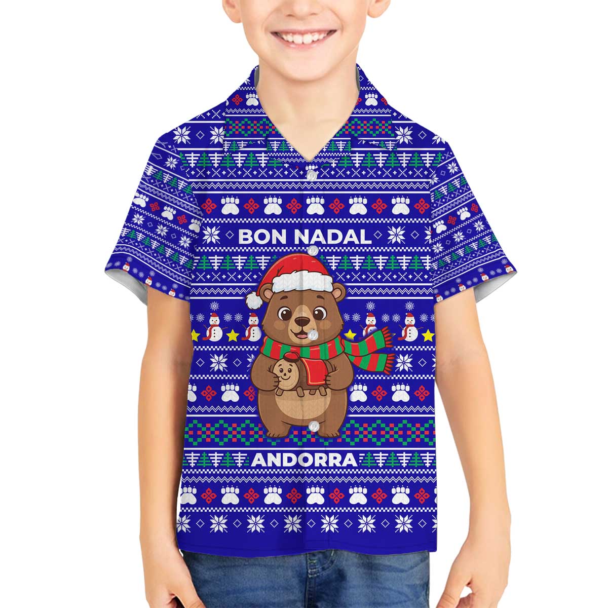 Bon Nadal Andorra Christmas Family Matching Off The Shoulder Long Sleeve Dress and Hawaiian Shirt Holiday Bear, Snowflakes, Paw Prints & Winter - Wonder Print Shop
