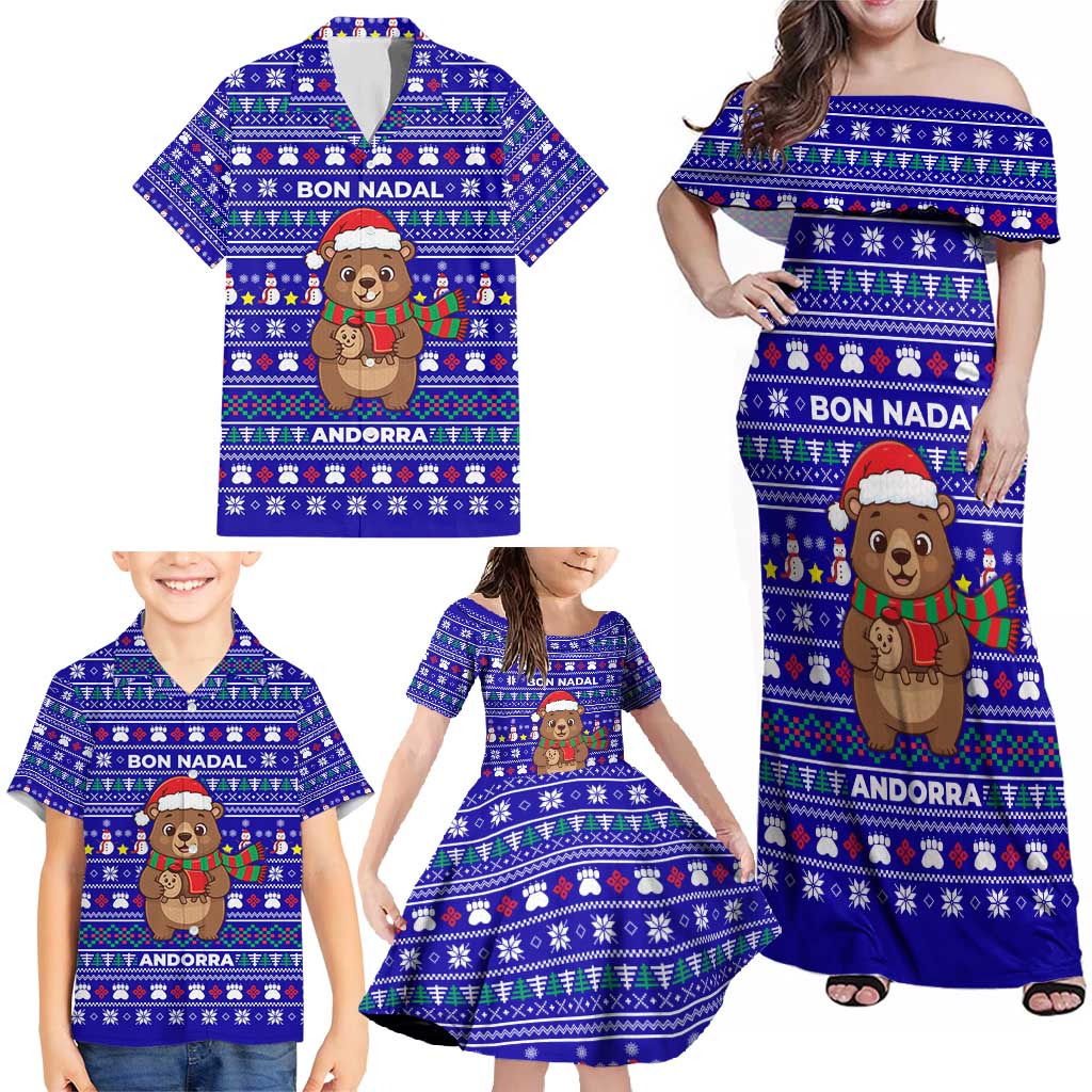 Bon Nadal Andorra Christmas Family Matching Off Shoulder Maxi Dress and Hawaiian Shirt Holiday Bear, Snowflakes, Paw Prints & Winter - Wonder Print Shop