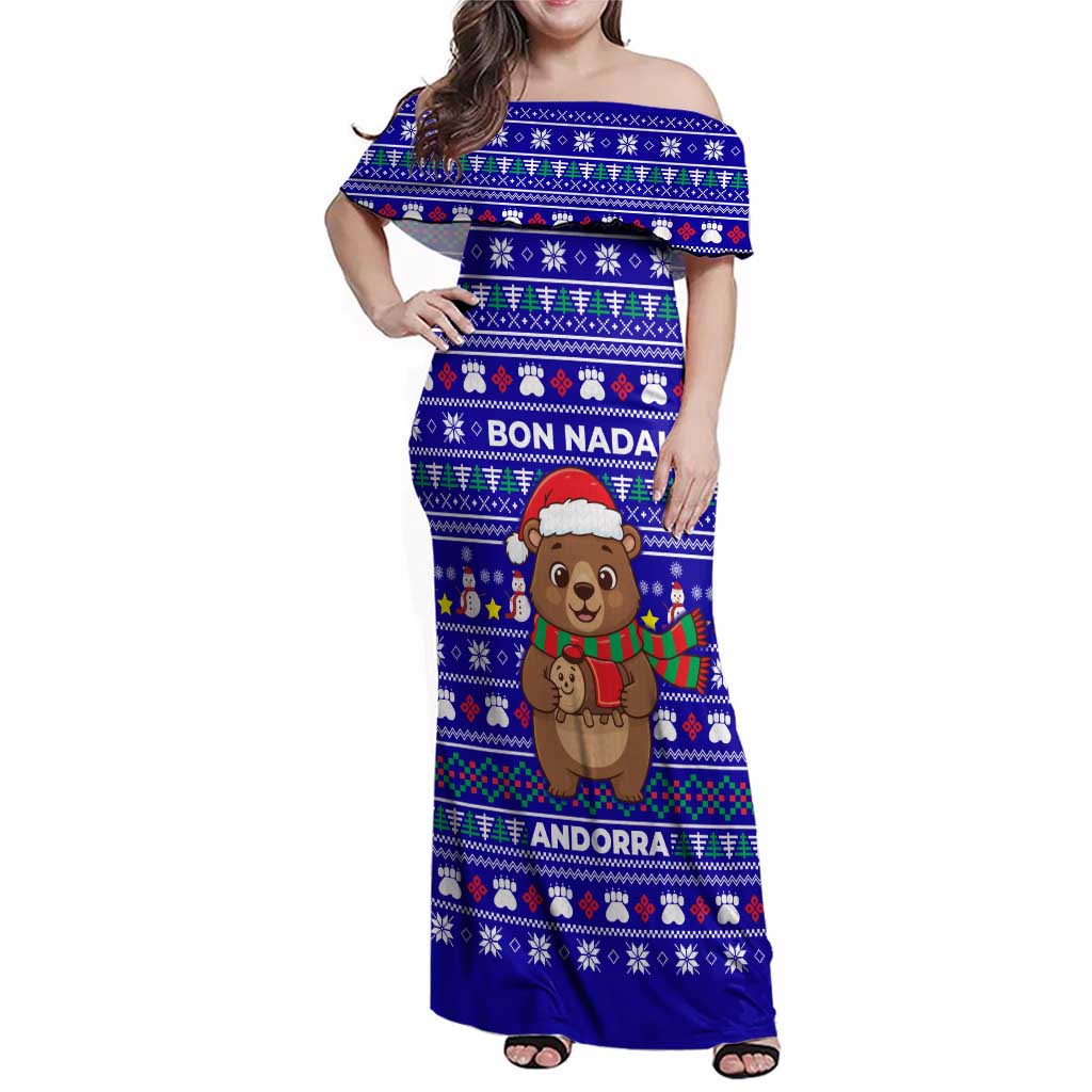 Bon Nadal Andorra Christmas Family Matching Off Shoulder Maxi Dress and Hawaiian Shirt Holiday Bear, Snowflakes, Paw Prints & Winter - Wonder Print Shop