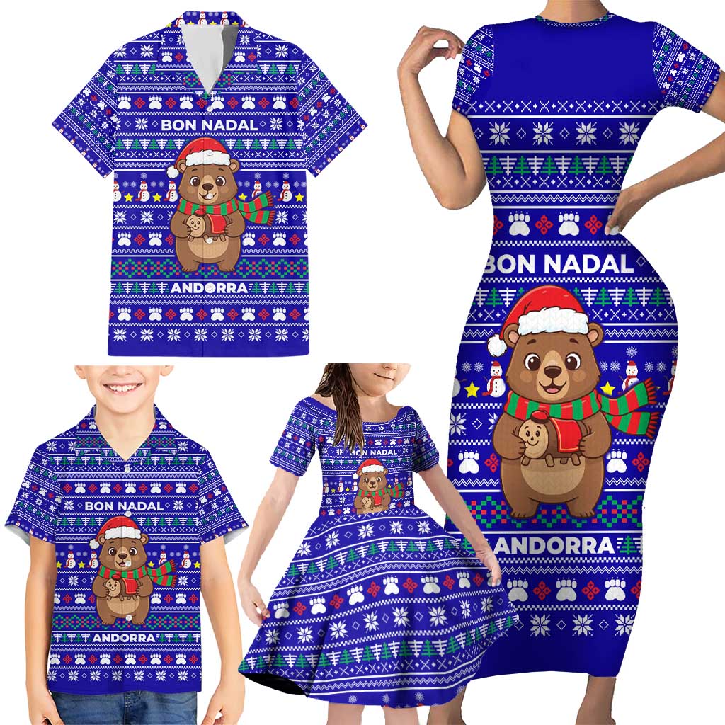 Bon Nadal Andorra Christmas Family Matching Short Sleeve Bodycon Dress and Hawaiian Shirt Holiday Bear, Snowflakes, Paw Prints & Winter - Wonder Print Shop