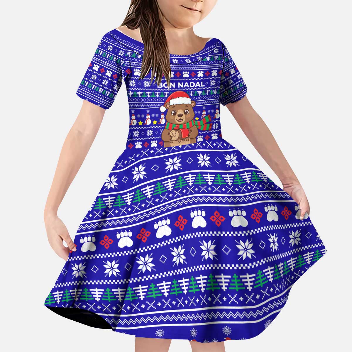 Bon Nadal Andorra Christmas Kid Short Sleeve Dress Holiday Bear, Snowflakes, Paw Prints & Winter - Wonder Print Shop
