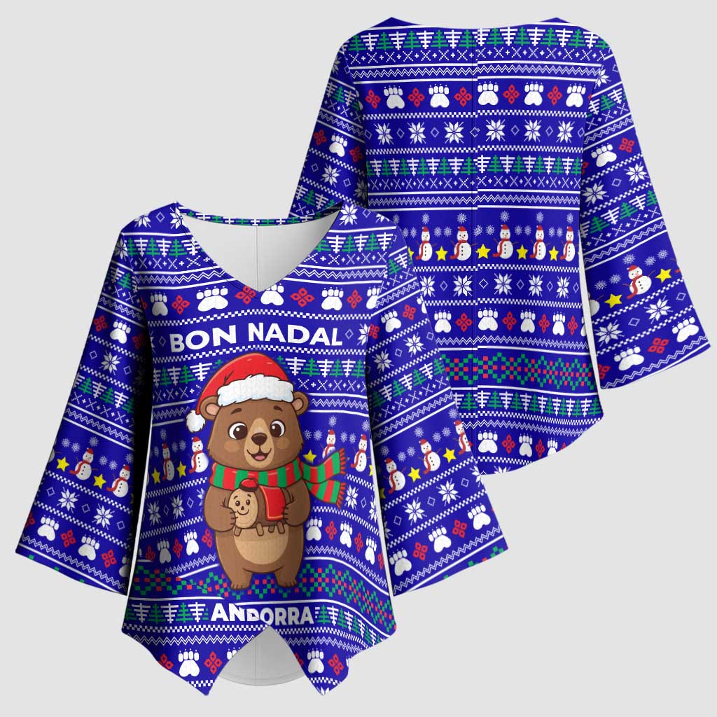 Bon Nadal Andorra Christmas Kimono Sleeve Blouse Holiday Bear, Snowflakes, Paw Prints & Winter - Wonder Print Shop