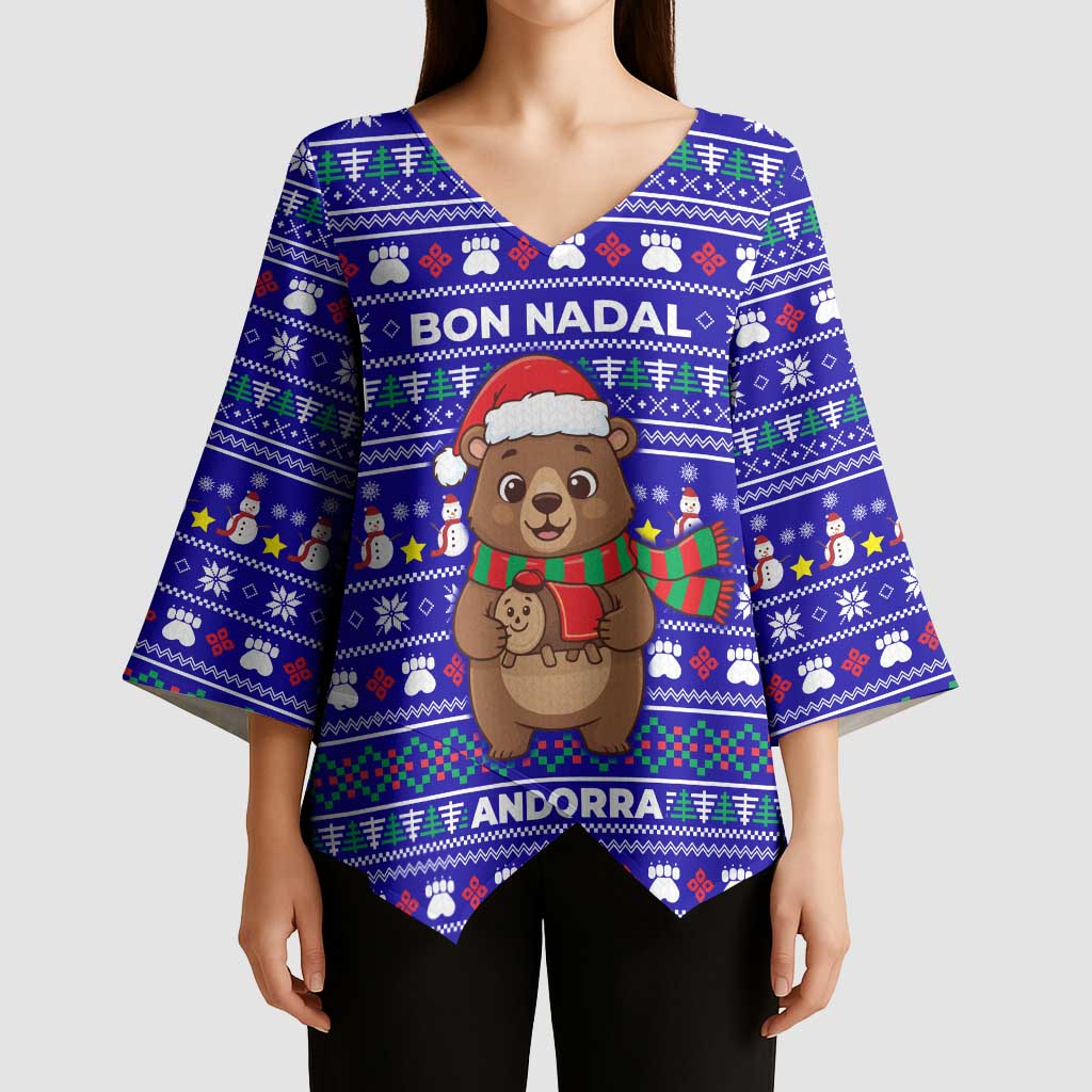 Bon Nadal Andorra Christmas Kimono Sleeve Blouse Holiday Bear, Snowflakes, Paw Prints & Winter - Wonder Print Shop