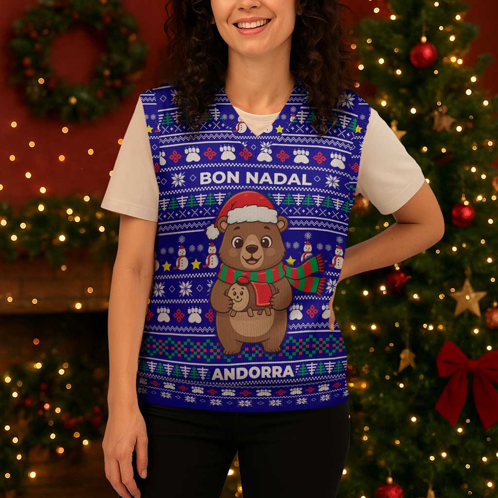 Bon Nadal Andorra Christmas Knitted V-Neck Vest Holiday Bear, Snowflakes, Paw Prints & Winter - Wonder Print Shop