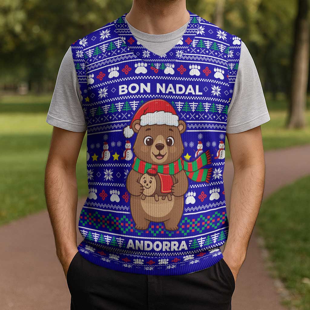 Bon Nadal Andorra Christmas Knitted V-Neck Vest Holiday Bear, Snowflakes, Paw Prints & Winter - Wonder Print Shop