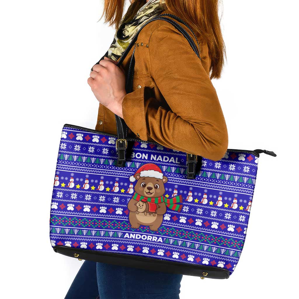 Bon Nadal Andorra Christmas Leather Tote Bag Holiday Bear, Snowflakes, Paw Prints & Winter - Wonder Print Shop