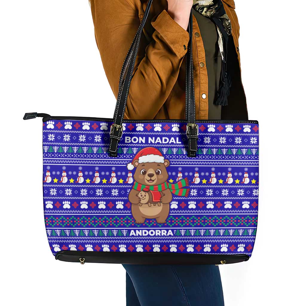 Bon Nadal Andorra Christmas Leather Tote Bag Holiday Bear, Snowflakes, Paw Prints & Winter - Wonder Print Shop