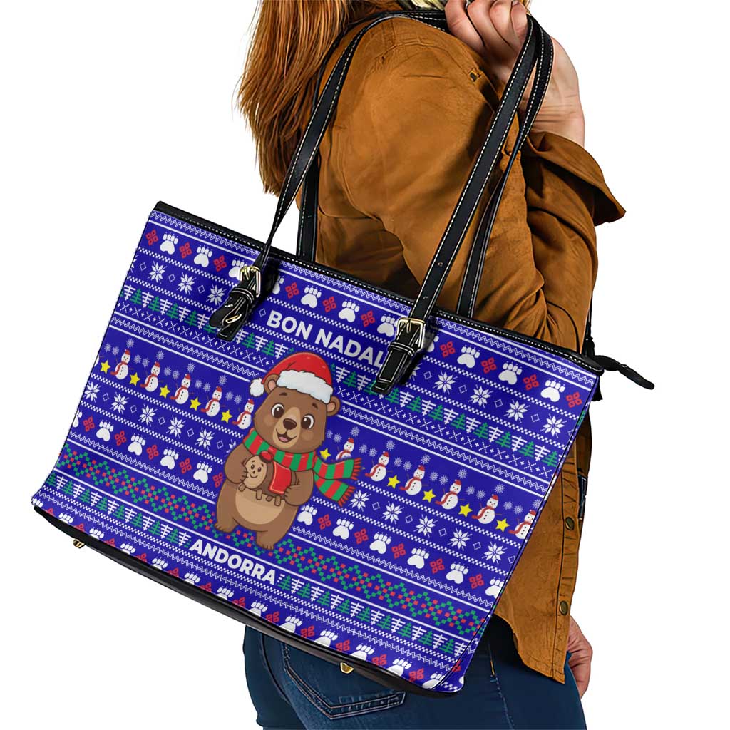 Bon Nadal Andorra Christmas Leather Tote Bag Holiday Bear, Snowflakes, Paw Prints & Winter - Wonder Print Shop