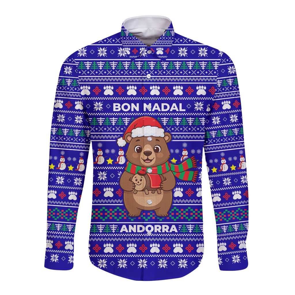 Bon Nadal Andorra Christmas Long Sleeve Button Shirt Holiday Bear, Snowflakes, Paw Prints & Winter - Wonder Print Shop