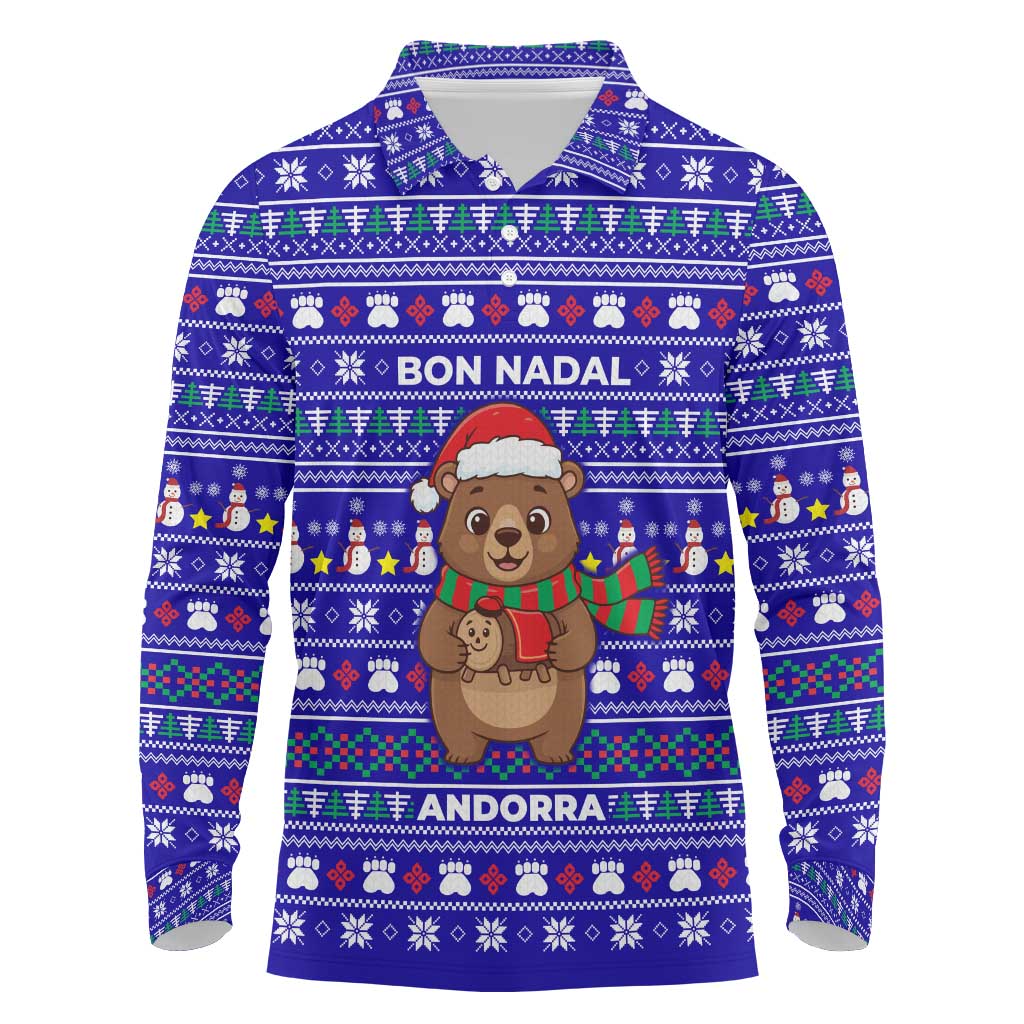 Bon Nadal Andorra Christmas Long Sleeve Polo Shirt Holiday Bear, Snowflakes, Paw Prints & Winter - Wonder Print Shop