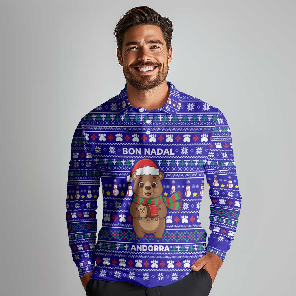 Bon Nadal Andorra Christmas Long Sleeve Polo Shirt Holiday Bear, Snowflakes, Paw Prints & Winter - Wonder Print Shop