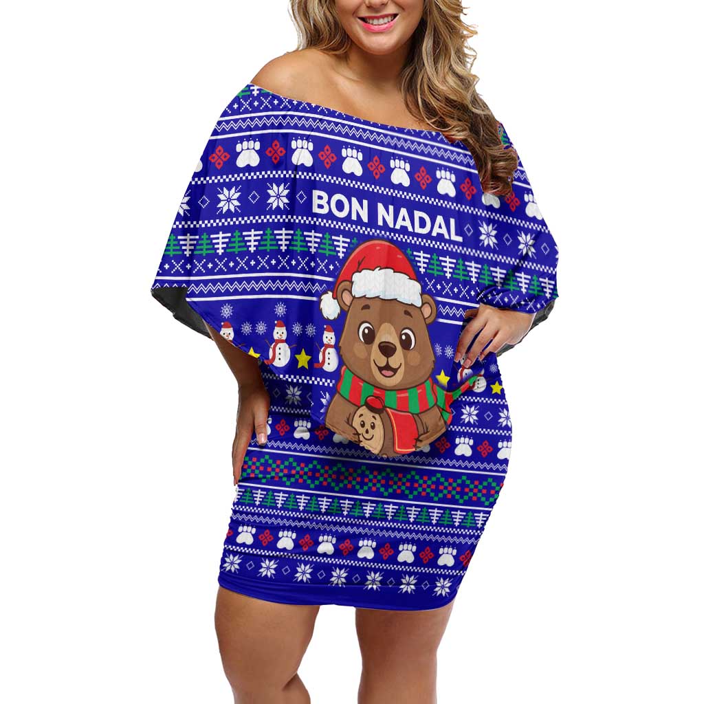 Bon Nadal Andorra Christmas Off Shoulder Short Dress Holiday Bear, Snowflakes, Paw Prints & Winter - Wonder Print Shop