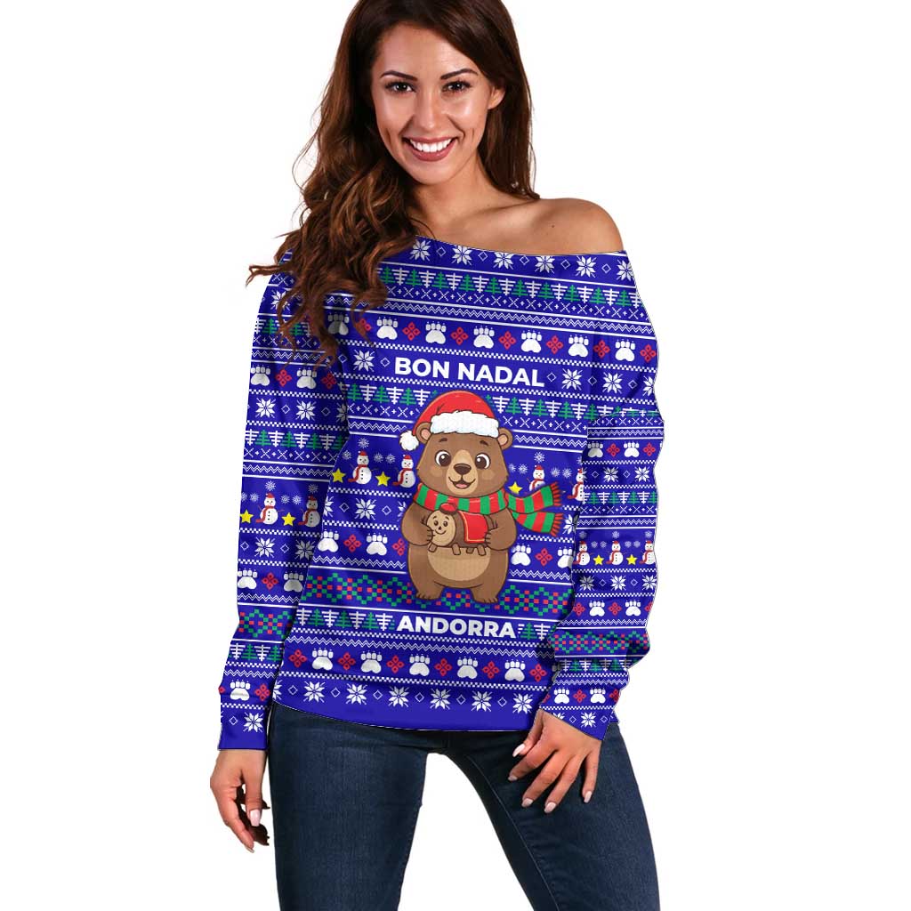 Bon Nadal Andorra Christmas Off Shoulder Sweater Holiday Bear, Snowflakes, Paw Prints & Winter - Wonder Print Shop