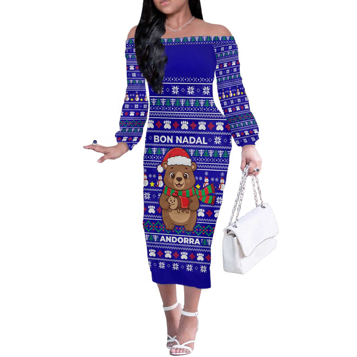 Bon Nadal Andorra Christmas Off The Shoulder Long Sleeve Dress Holiday Bear, Snowflakes, Paw Prints & Winter - Wonder Print Shop