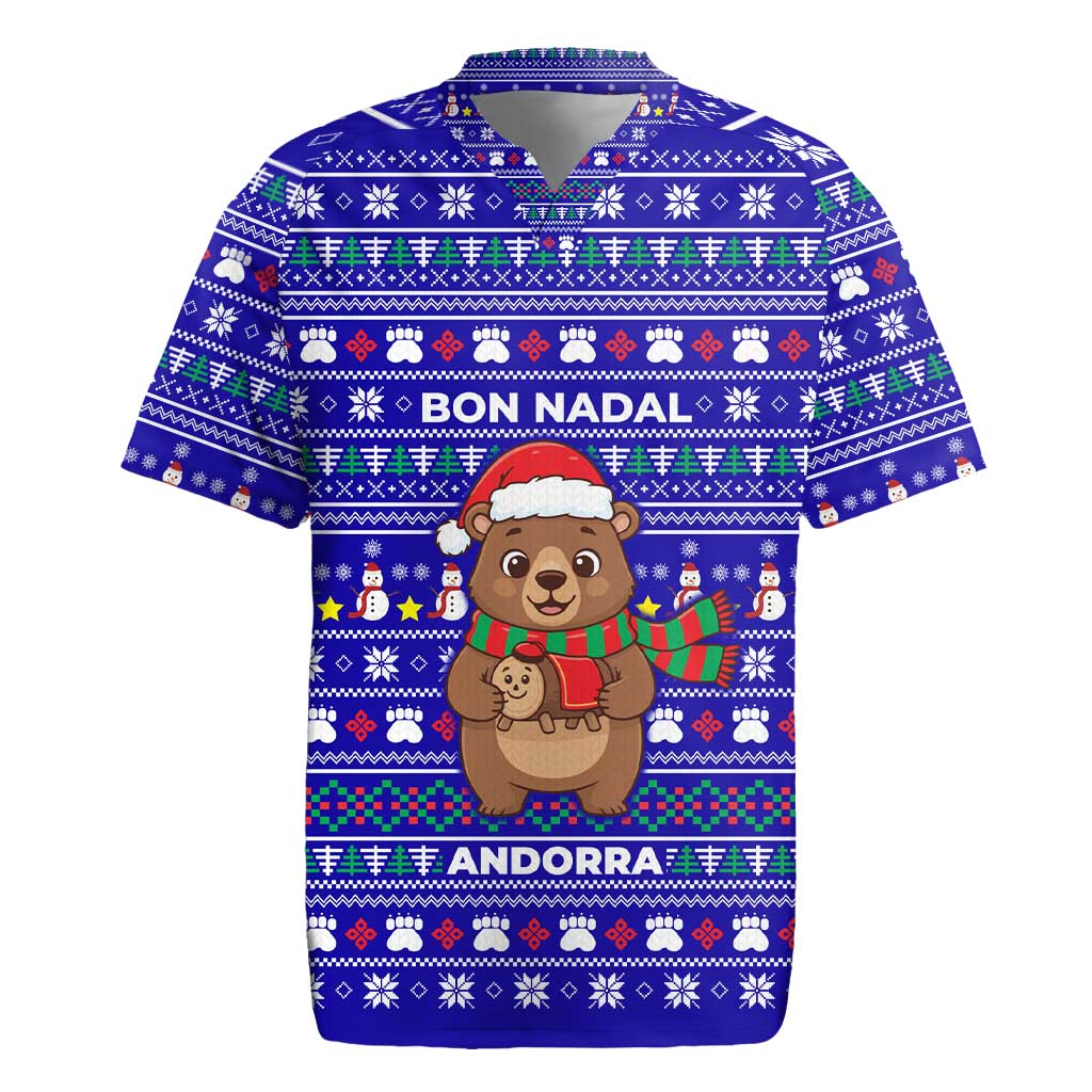 Bon Nadal Andorra Christmas Rugby Jersey Holiday Bear, Snowflakes, Paw Prints & Winter - Wonder Print Shop