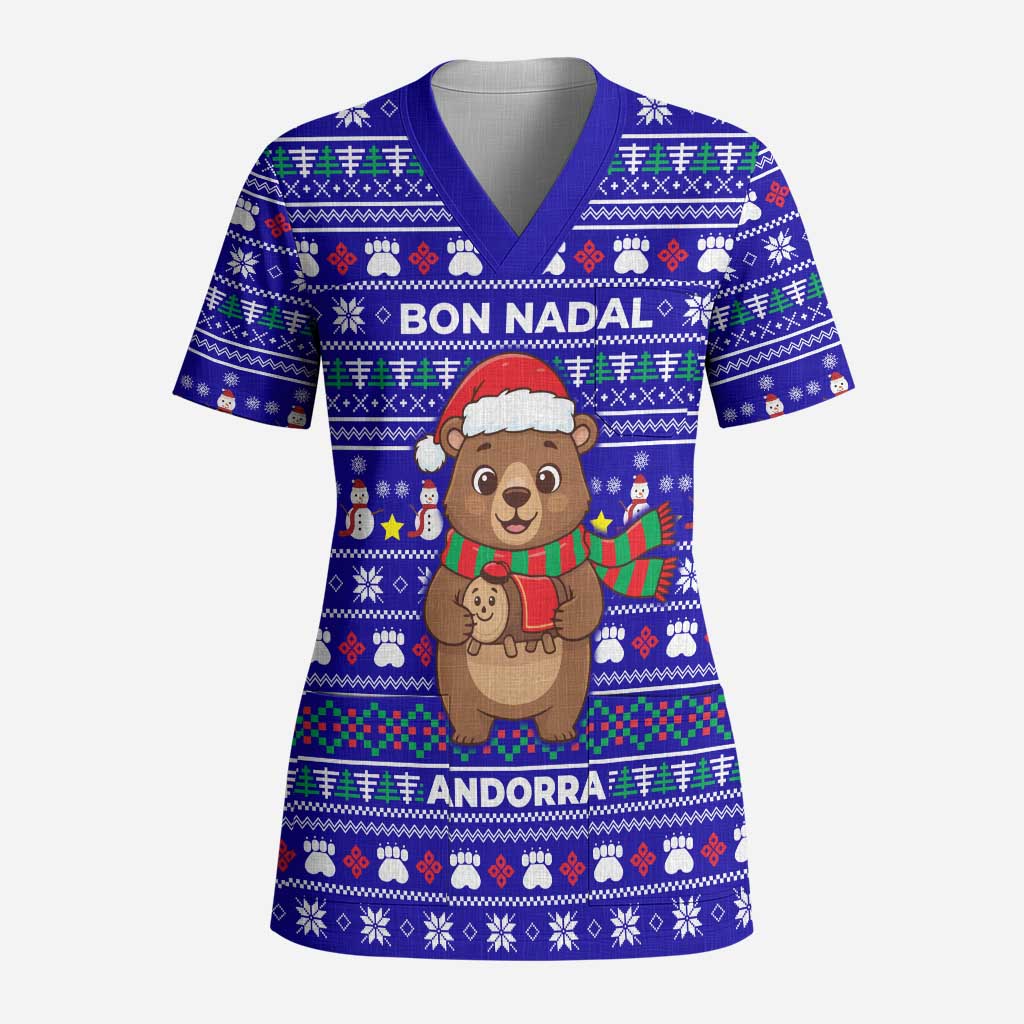 Bon Nadal Andorra Christmas Scrub Top Holiday Bear, Snowflakes, Paw Prints & Winter - Wonder Print Shop