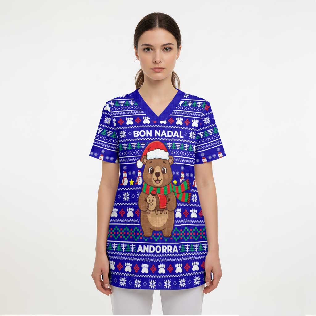 Bon Nadal Andorra Christmas Scrub Top Holiday Bear, Snowflakes, Paw Prints & Winter - Wonder Print Shop