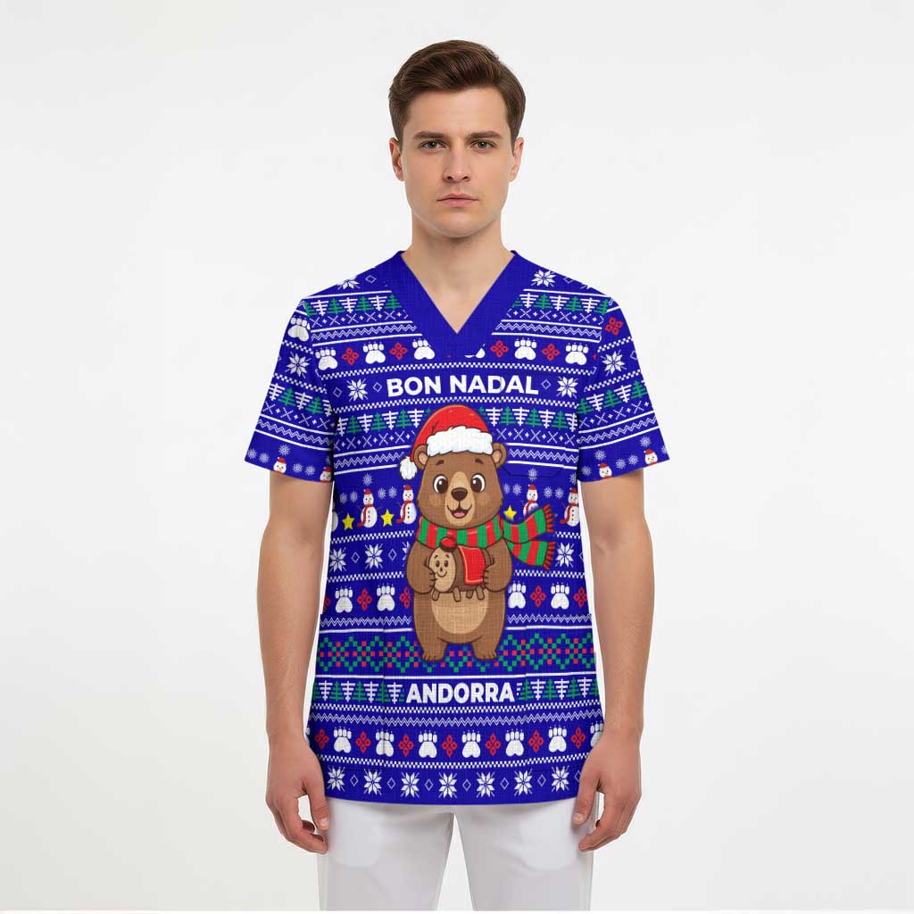 Bon Nadal Andorra Christmas Scrub Top Holiday Bear, Snowflakes, Paw Prints & Winter - Wonder Print Shop