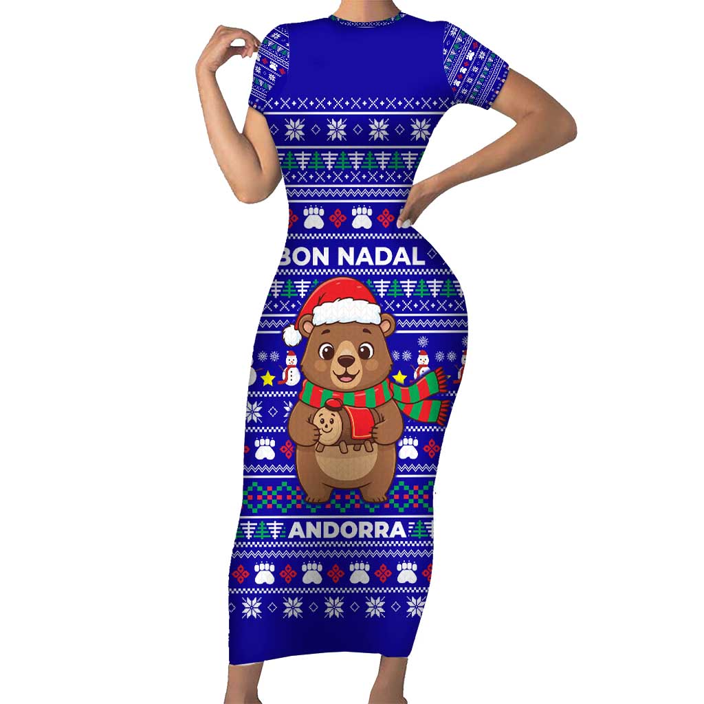 Bon Nadal Andorra Christmas Short Sleeve Bodycon Dress Holiday Bear, Snowflakes, Paw Prints & Winter - Wonder Print Shop
