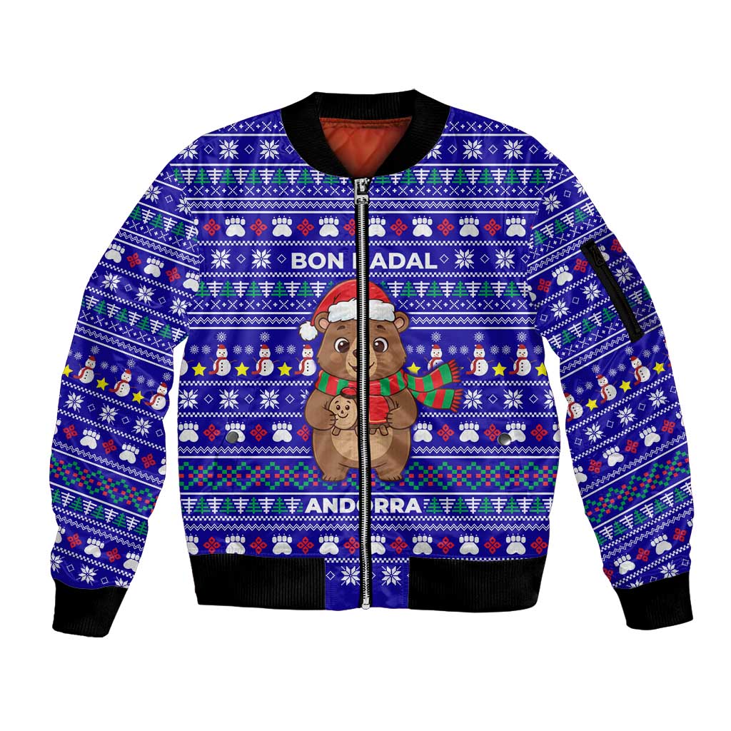 Bon Nadal Andorra Christmas Sleeve Zip Bomber Jacket Holiday Bear, Snowflakes, Paw Prints & Winter - Wonder Print Shop