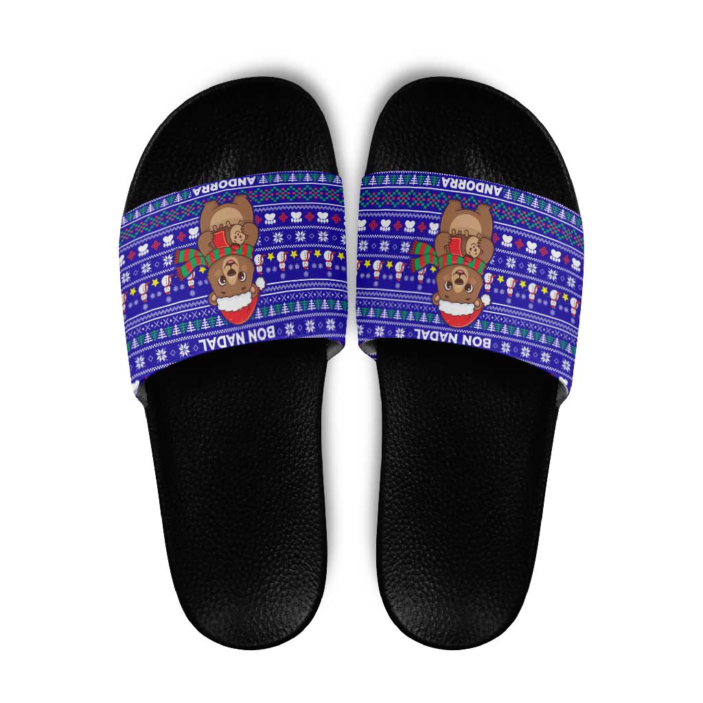 Bon Nadal Andorra Christmas Slide Sandals Holiday Bear, Snowflakes, Paw Prints & Winter - Wonder Print Shop
