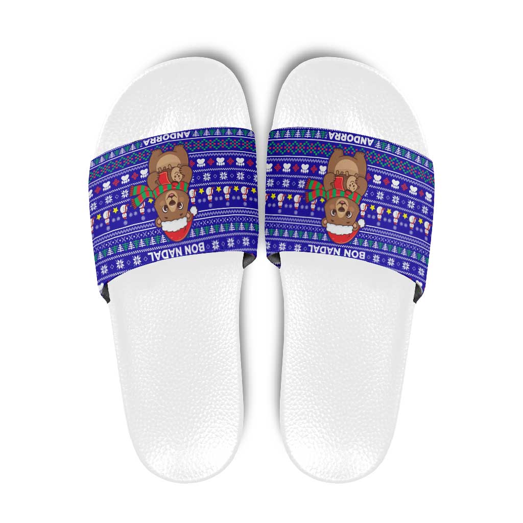 Bon Nadal Andorra Christmas Slide Sandals Holiday Bear, Snowflakes, Paw Prints & Winter - Wonder Print Shop