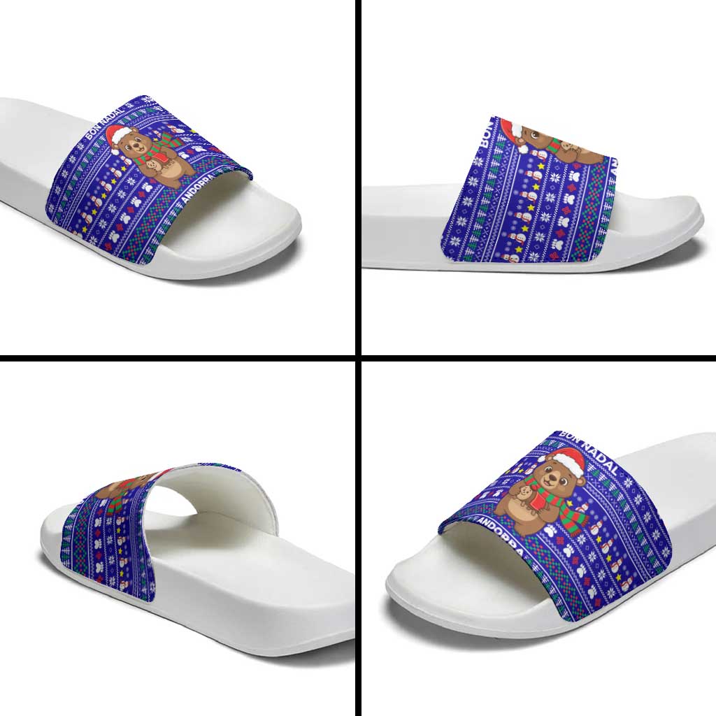 Bon Nadal Andorra Christmas Slide Sandals Holiday Bear, Snowflakes, Paw Prints & Winter - Wonder Print Shop