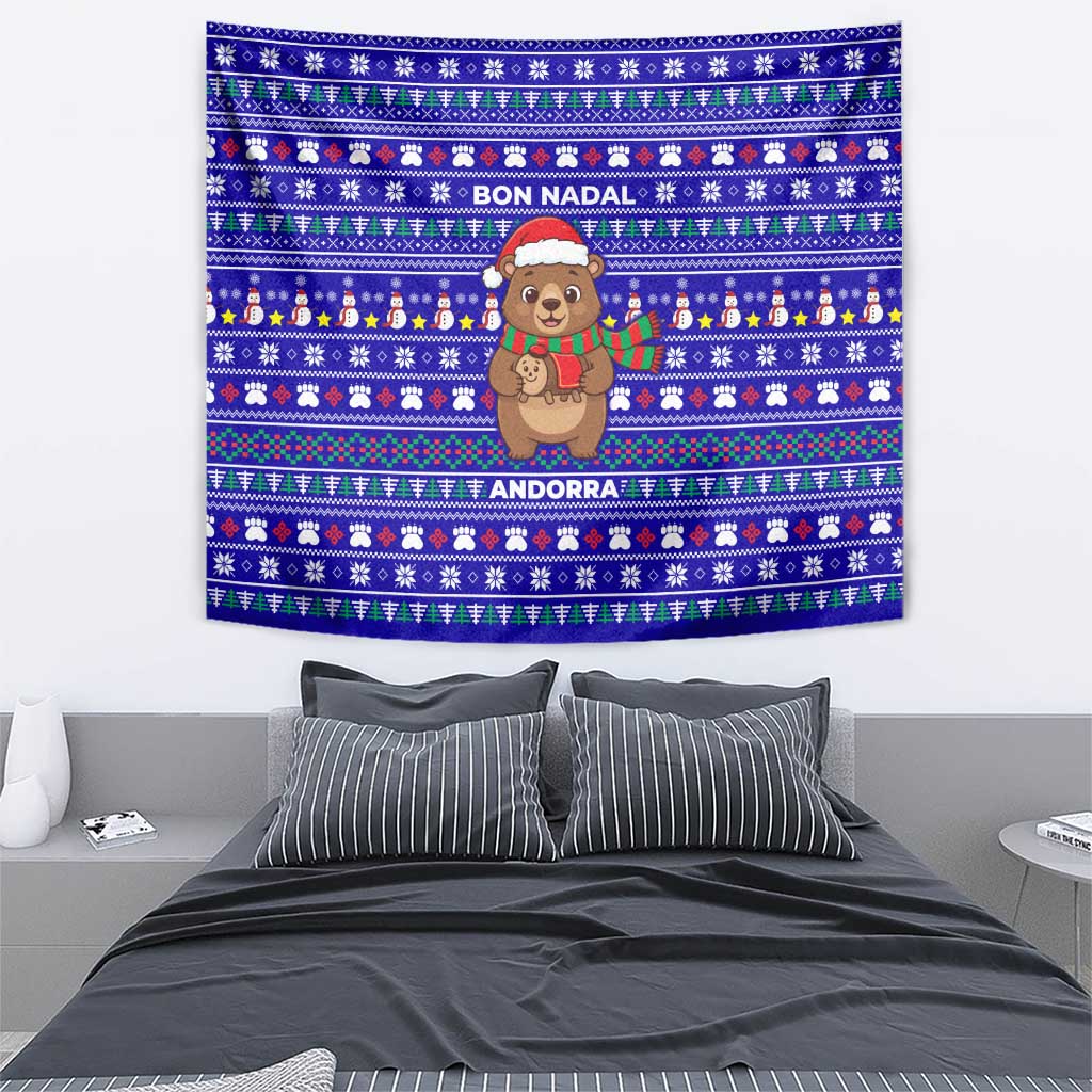 Bon Nadal Andorra Christmas Tapestry Holiday Bear, Snowflakes, Paw Prints & Winter - Wonder Print Shop