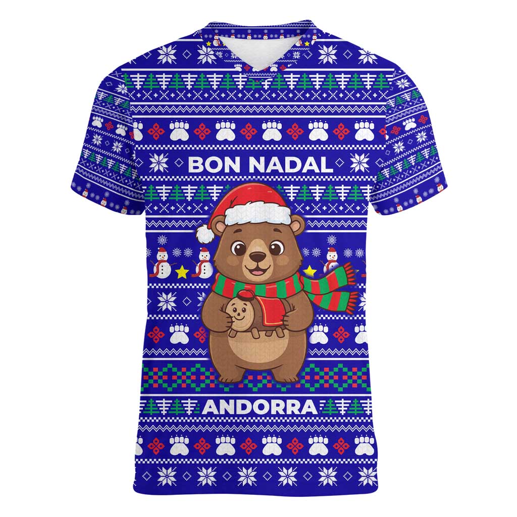 Bon Nadal Andorra Christmas Women V-Neck T-Shirt Holiday Bear, Snowflakes, Paw Prints & Winter - Wonder Print Shop