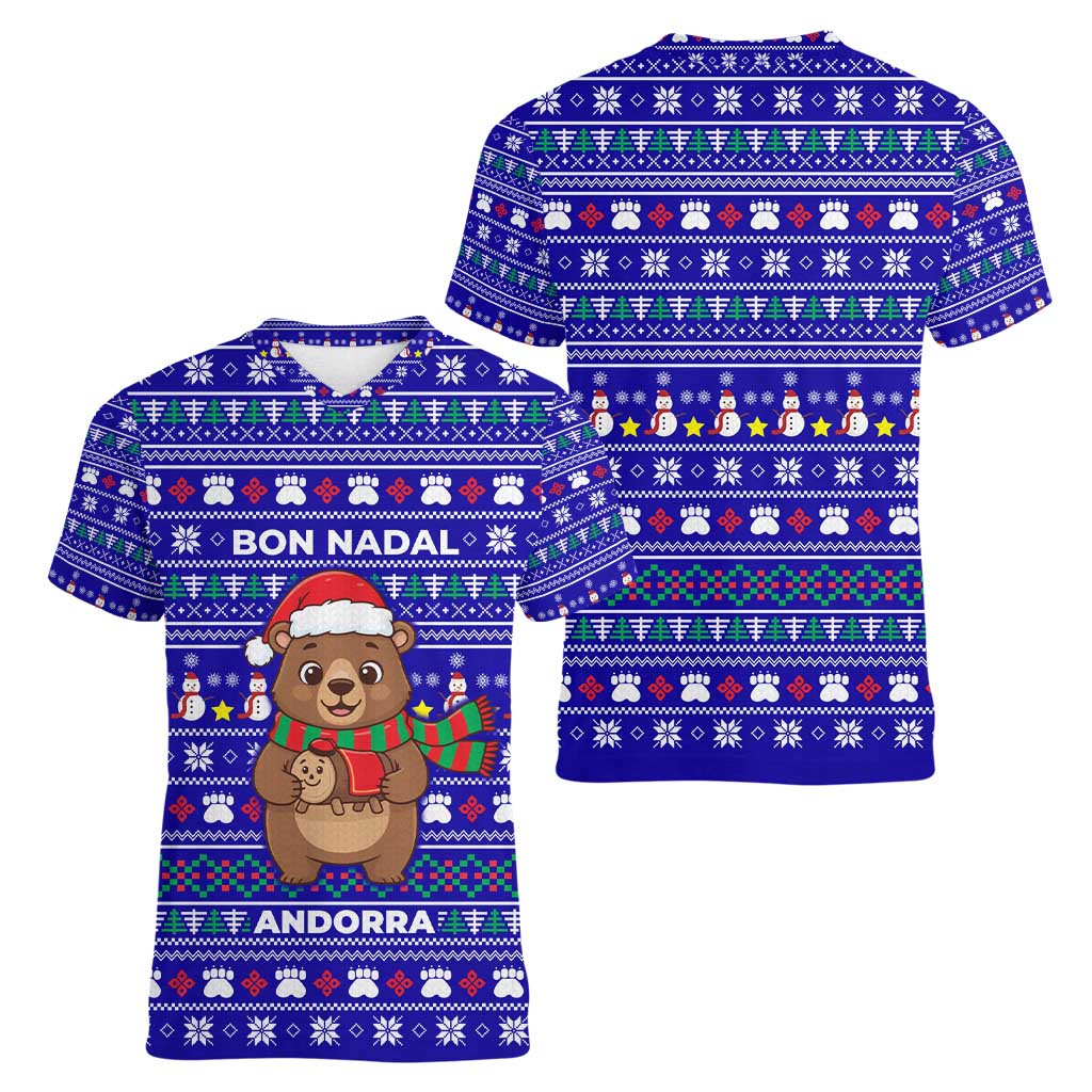 Bon Nadal Andorra Christmas Women V-Neck T-Shirt Holiday Bear, Snowflakes, Paw Prints & Winter - Wonder Print Shop