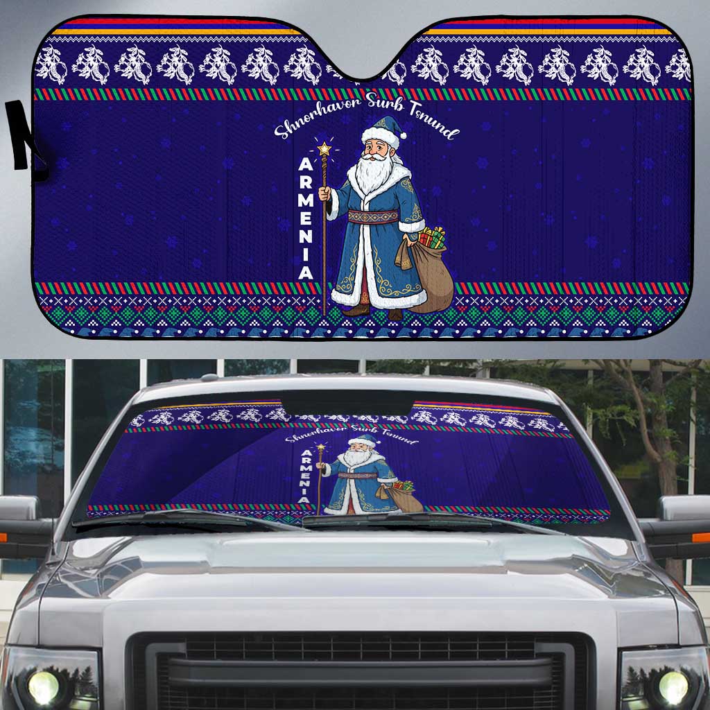 Armenia Christmas Auto Sun Shade with Santa Claus Shnorhavor Surb Tsnund and Gift Bag Pattern - Wonder Print Shop