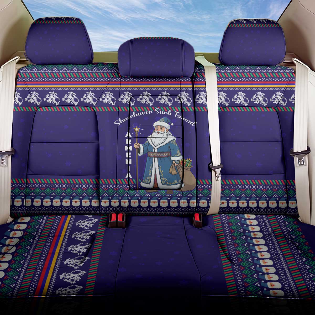 Armenia Christmas Back Car Seat Cover with Santa Claus Shnorhavor Surb Tsnund and Gift Bag Pattern - Wonder Print Shop