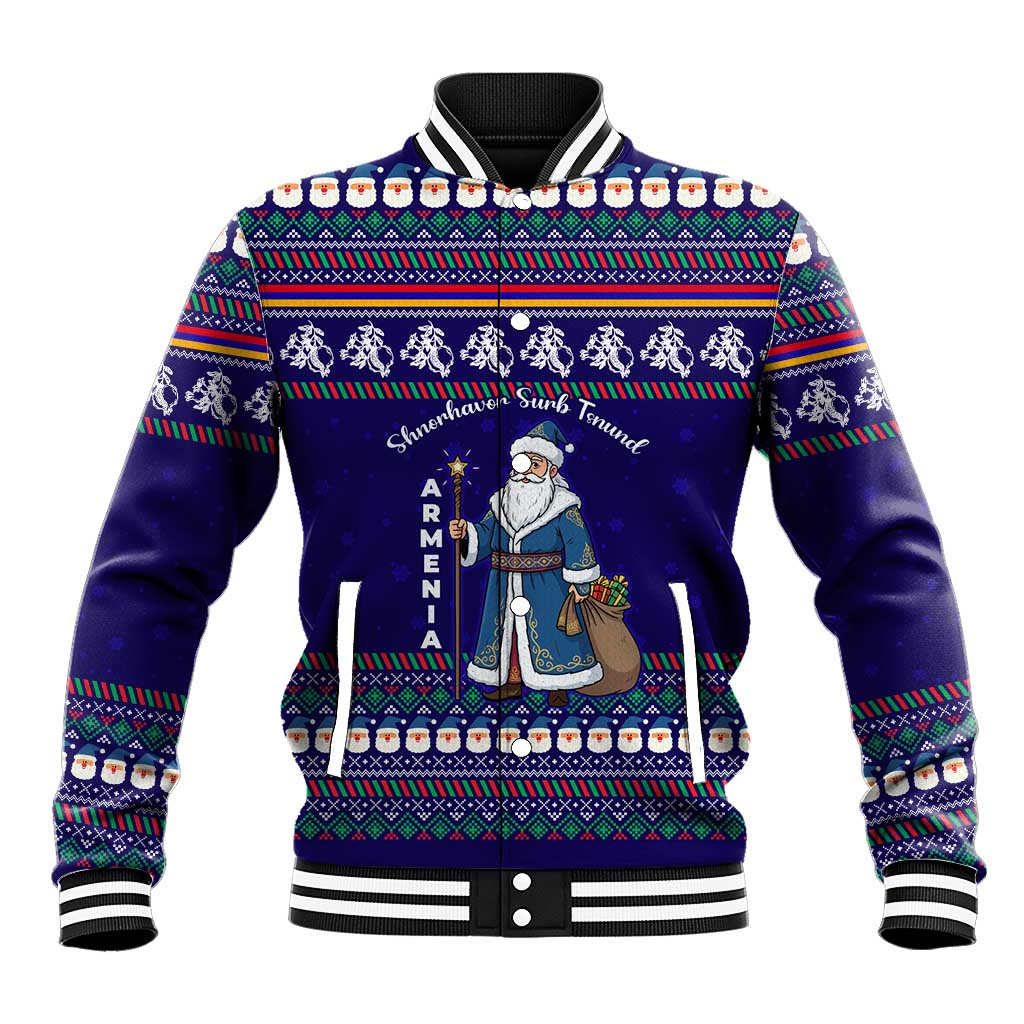 Armenia Christmas Baseball Jacket with Santa Claus Shnorhavor Surb Tsnund and Gift Bag Pattern - Wonder Print Shop