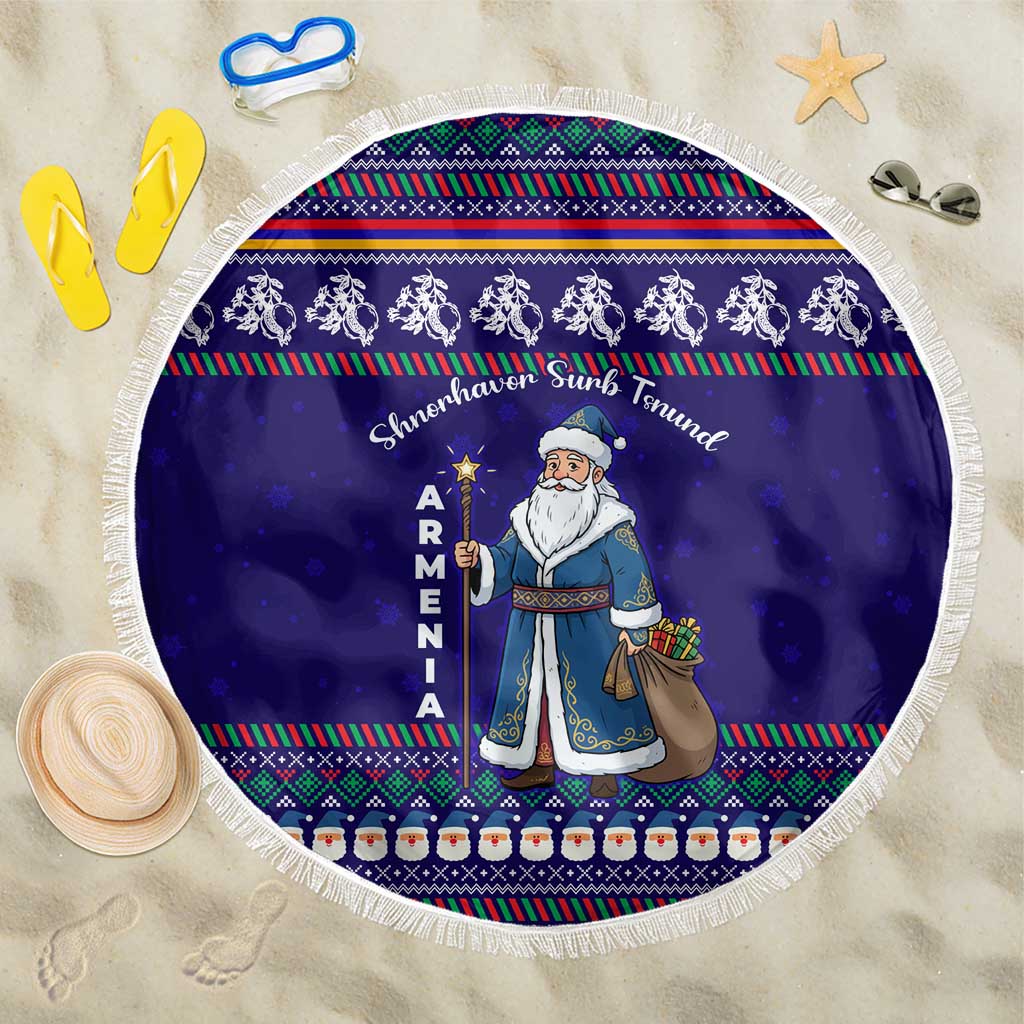 Armenia Christmas Beach Blanket with Santa Claus Shnorhavor Surb Tsnund and Gift Bag Pattern - Wonder Print Shop