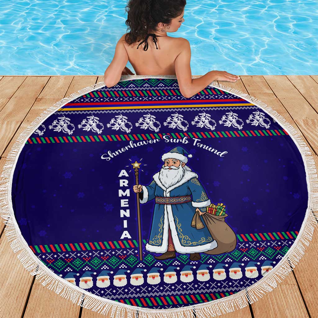 Armenia Christmas Beach Blanket with Santa Claus Shnorhavor Surb Tsnund and Gift Bag Pattern - Wonder Print Shop
