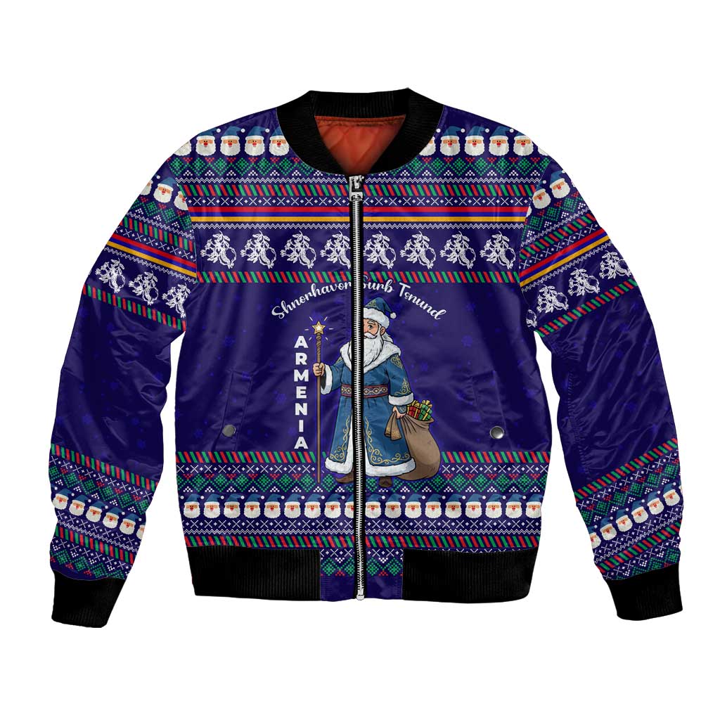 Armenia Christmas Bomber Jacket with Santa Claus Shnorhavor Surb Tsnund and Gift Bag Pattern - Wonder Print Shop