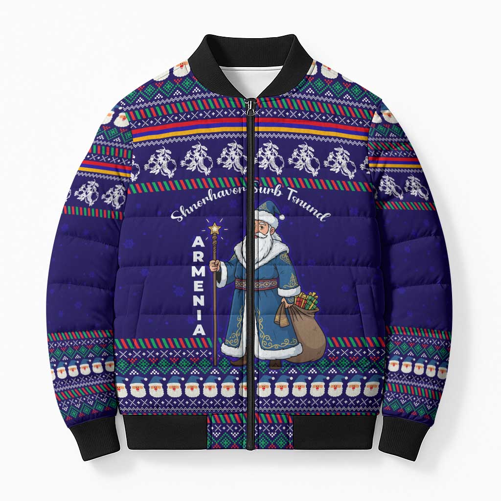 Armenia Christmas Bomber Puffer Jacket with Santa Claus Shnorhavor Surb Tsnund and Gift Bag Pattern - Wonder Print Shop
