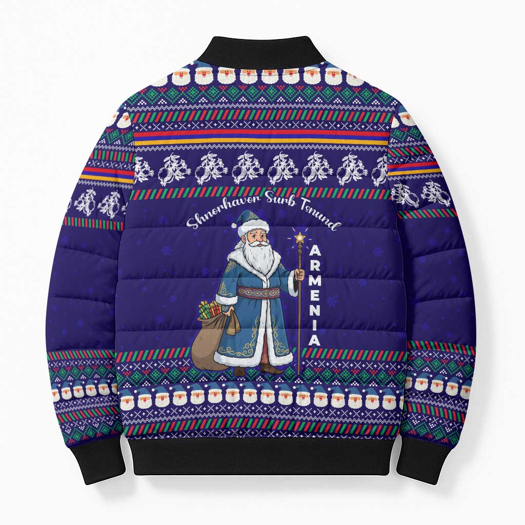 Armenia Christmas Bomber Puffer Jacket with Santa Claus Shnorhavor Surb Tsnund and Gift Bag Pattern - Wonder Print Shop