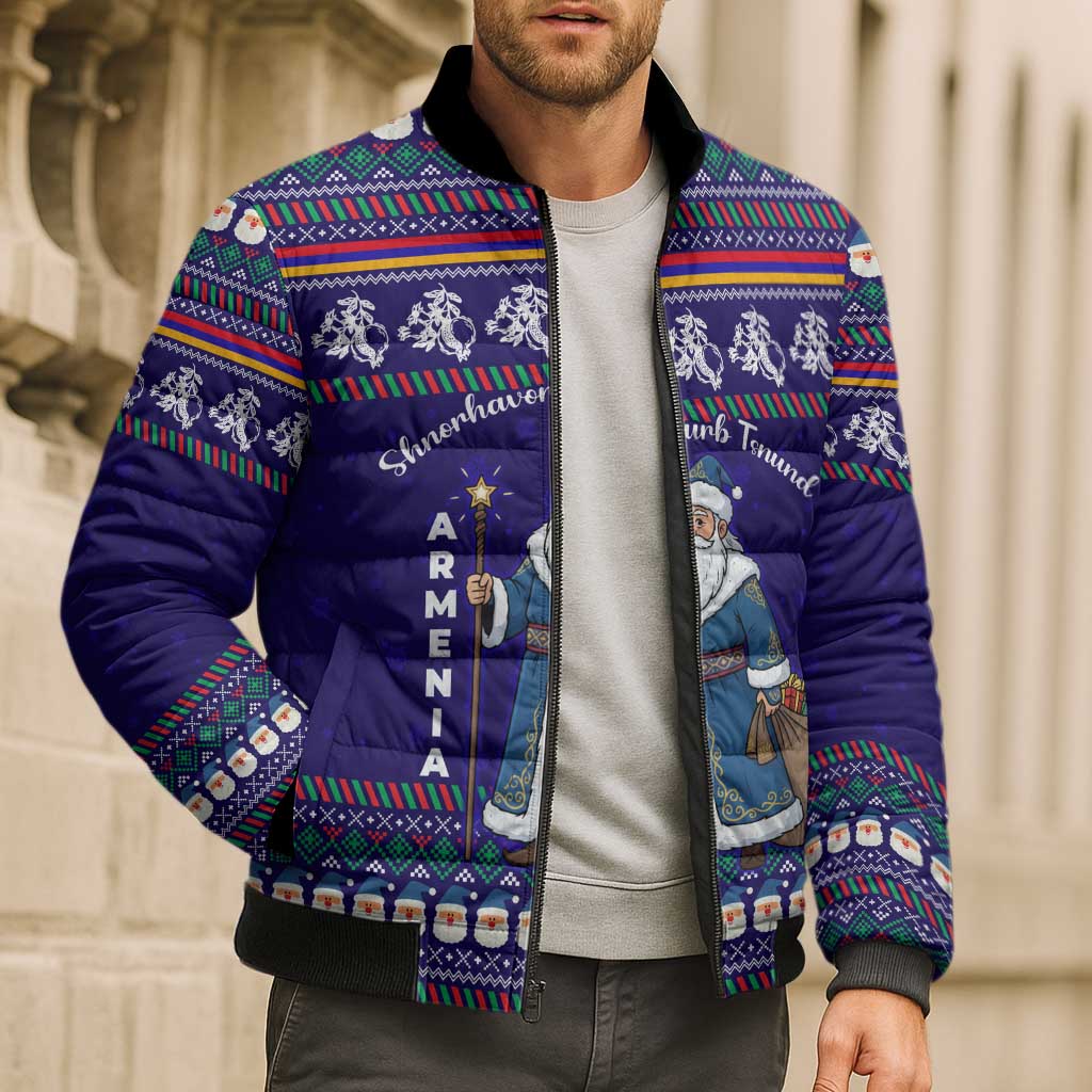 Armenia Christmas Bomber Puffer Jacket with Santa Claus Shnorhavor Surb Tsnund and Gift Bag Pattern - Wonder Print Shop
