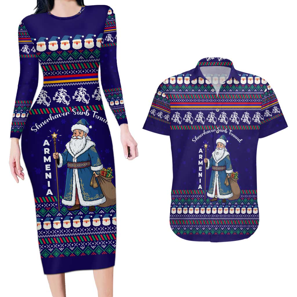 Armenia Christmas Couples Matching Long Sleeve Bodycon Dress and Hawaiian Shirt with Santa Claus Shnorhavor Surb Tsnund and Gift Bag Pattern - Wonder Print Shop