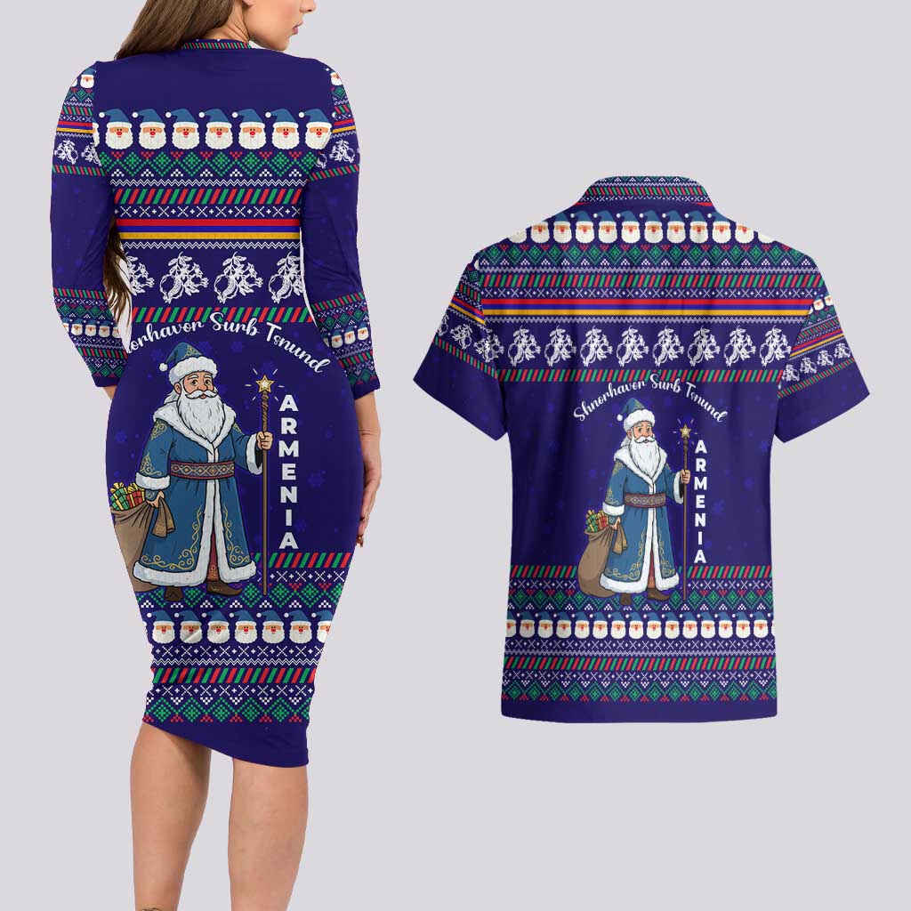 Armenia Christmas Couples Matching Long Sleeve Bodycon Dress and Hawaiian Shirt with Santa Claus Shnorhavor Surb Tsnund and Gift Bag Pattern - Wonder Print Shop