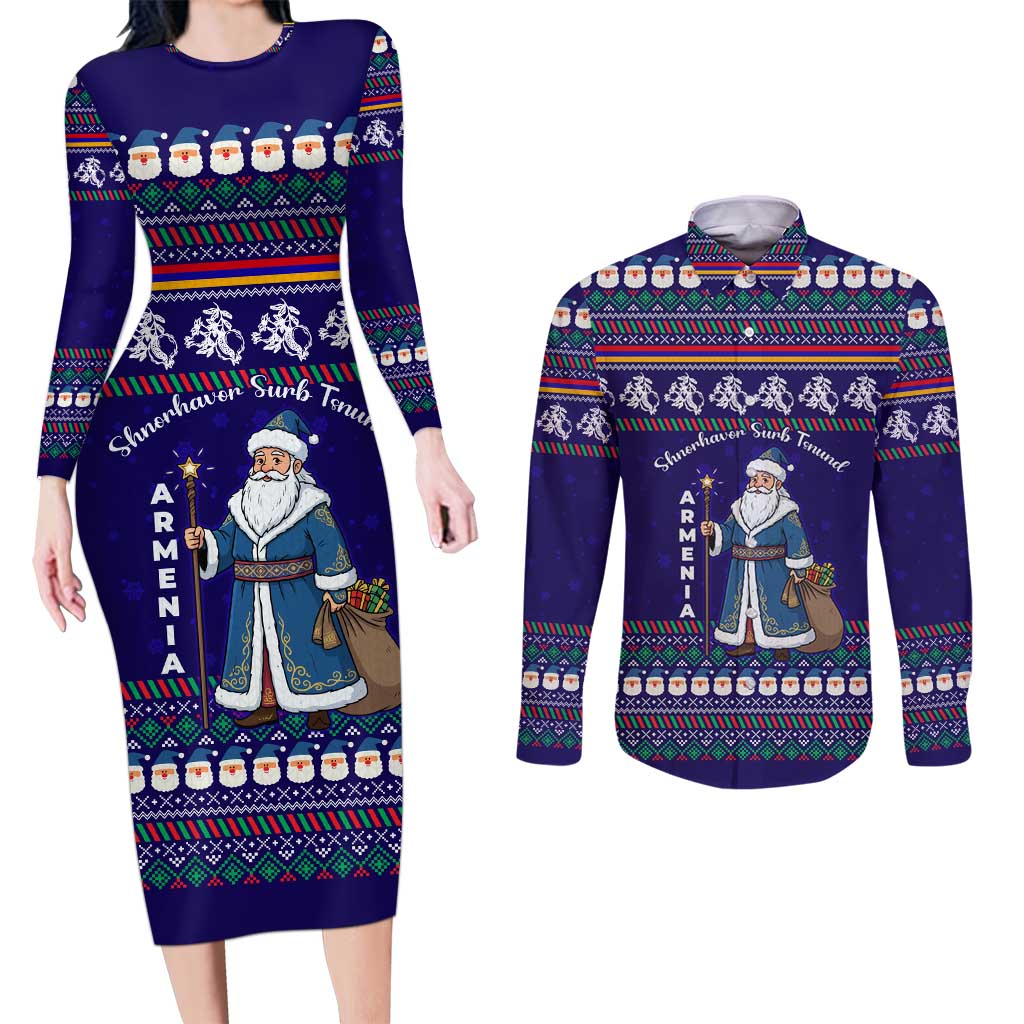 Armenia Christmas Couples Matching Long Sleeve Bodycon Dress and Long Sleeve Button Shirt with Santa Claus Shnorhavor Surb Tsnund and Gift Bag Pattern - Wonder Print Shop