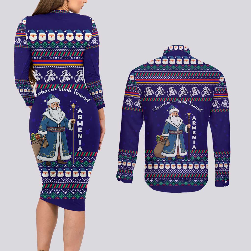 Armenia Christmas Couples Matching Long Sleeve Bodycon Dress and Long Sleeve Button Shirt with Santa Claus Shnorhavor Surb Tsnund and Gift Bag Pattern - Wonder Print Shop