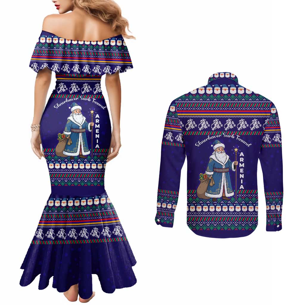Armenia Christmas Couples Matching Mermaid Dress and Long Sleeve Button Shirt with Santa Claus Shnorhavor Surb Tsnund and Gift Bag Pattern - Wonder Print Shop