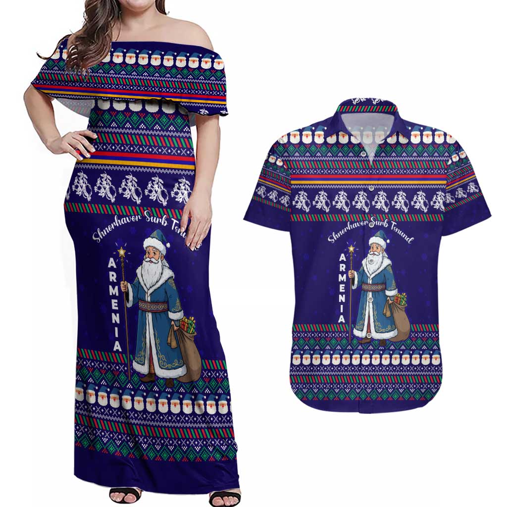 Armenia Christmas Couples Matching Off Shoulder Maxi Dress and Hawaiian Shirt with Santa Claus Shnorhavor Surb Tsnund and Gift Bag Pattern - Wonder Print Shop