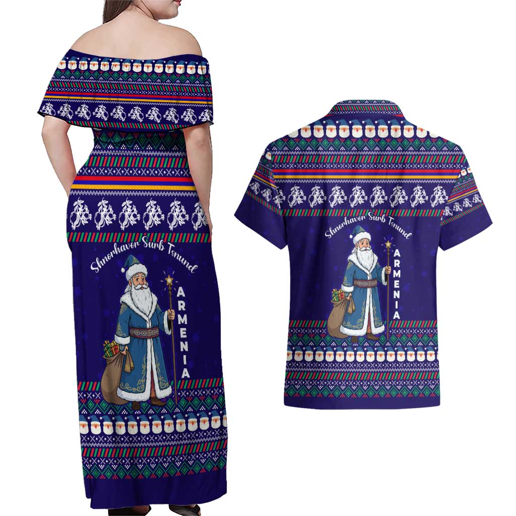 Armenia Christmas Couples Matching Off Shoulder Maxi Dress and Hawaiian Shirt with Santa Claus Shnorhavor Surb Tsnund and Gift Bag Pattern - Wonder Print Shop