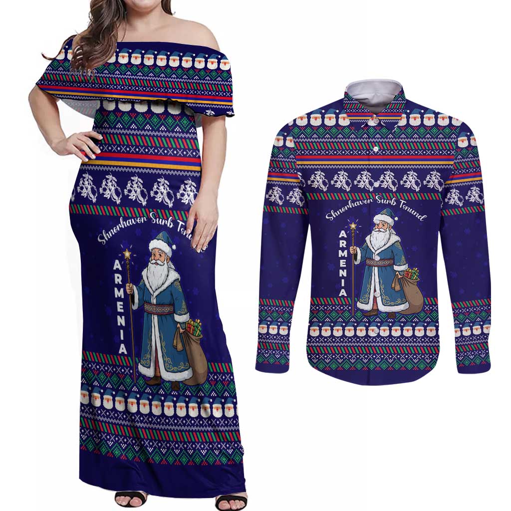Armenia Christmas Couples Matching Off Shoulder Maxi Dress and Long Sleeve Button Shirt with Santa Claus Shnorhavor Surb Tsnund and Gift Bag Pattern - Wonder Print Shop