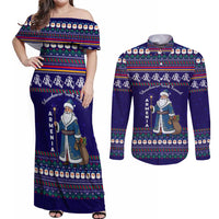 Armenia Christmas Couples Matching Off Shoulder Maxi Dress and Long Sleeve Button Shirt with Santa Claus Shnorhavor Surb Tsnund and Gift Bag Pattern - Wonder Print Shop